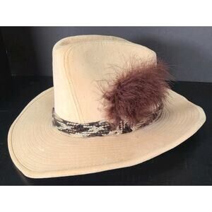 Vintage Stetson Velour 100% Cotton Beige Cowboy Hat Feather&Band 6 3/4"-6 7/8"